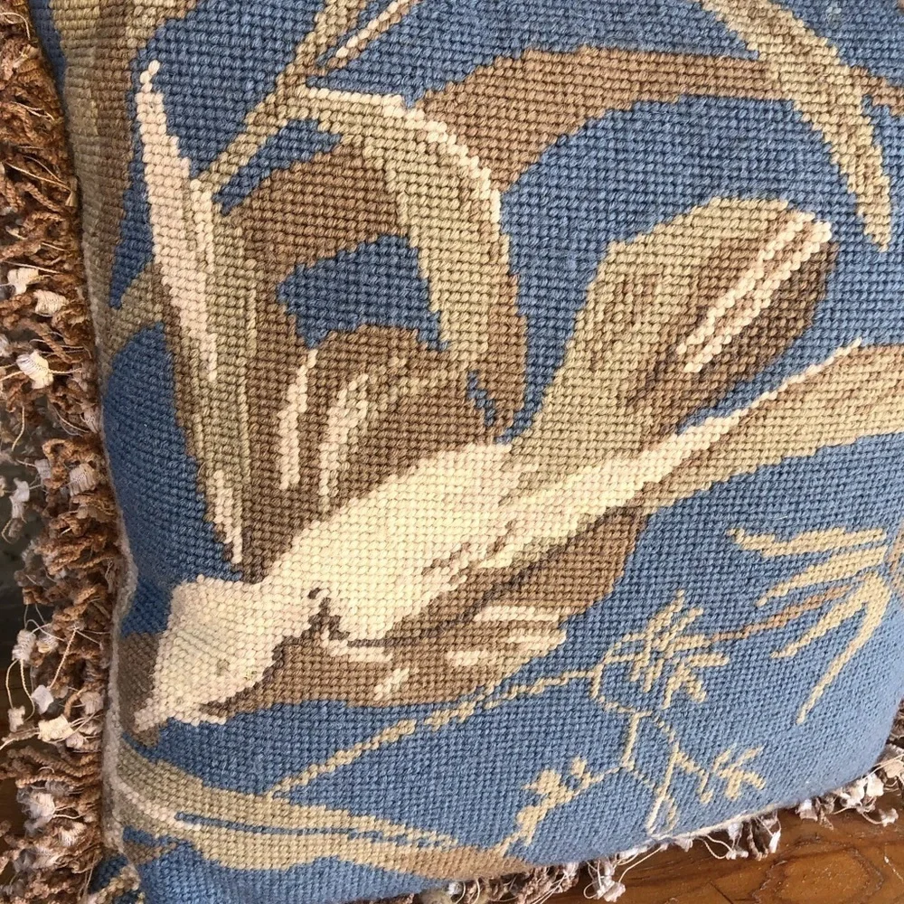 Peking Handicraft Fringed 14” Wool Needlepoint Throw Pillow Blue with Tan Bird